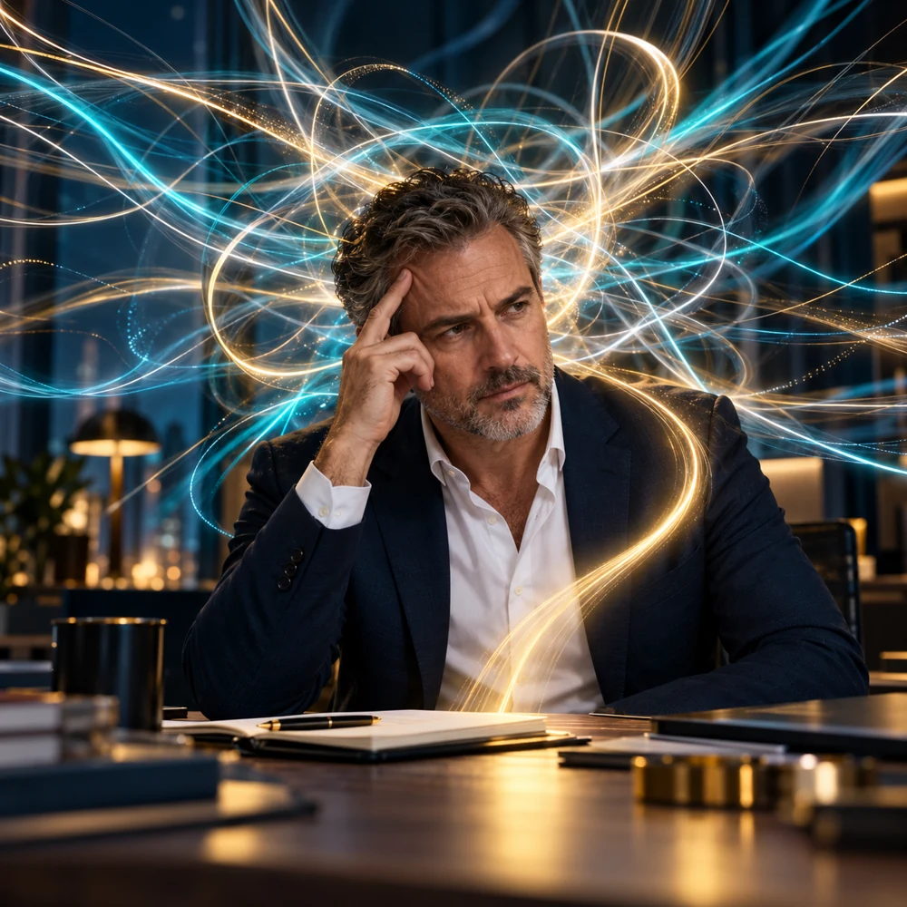 A business owner surrounded by competing streams of cyan and gold light, with one clear gold path emerging.