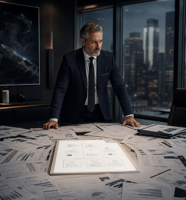 A commercial adviser reviewing plans and documents spread across a boardroom table.