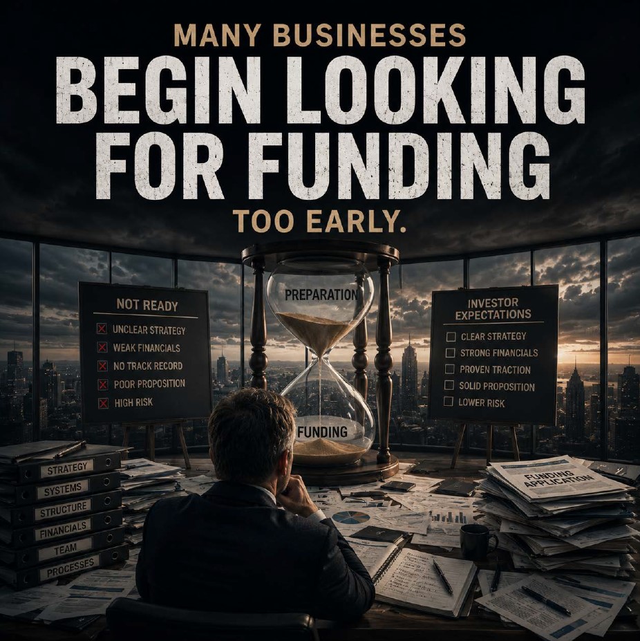 A business owner preparing a funding case beside an hourglass and investor expectations.