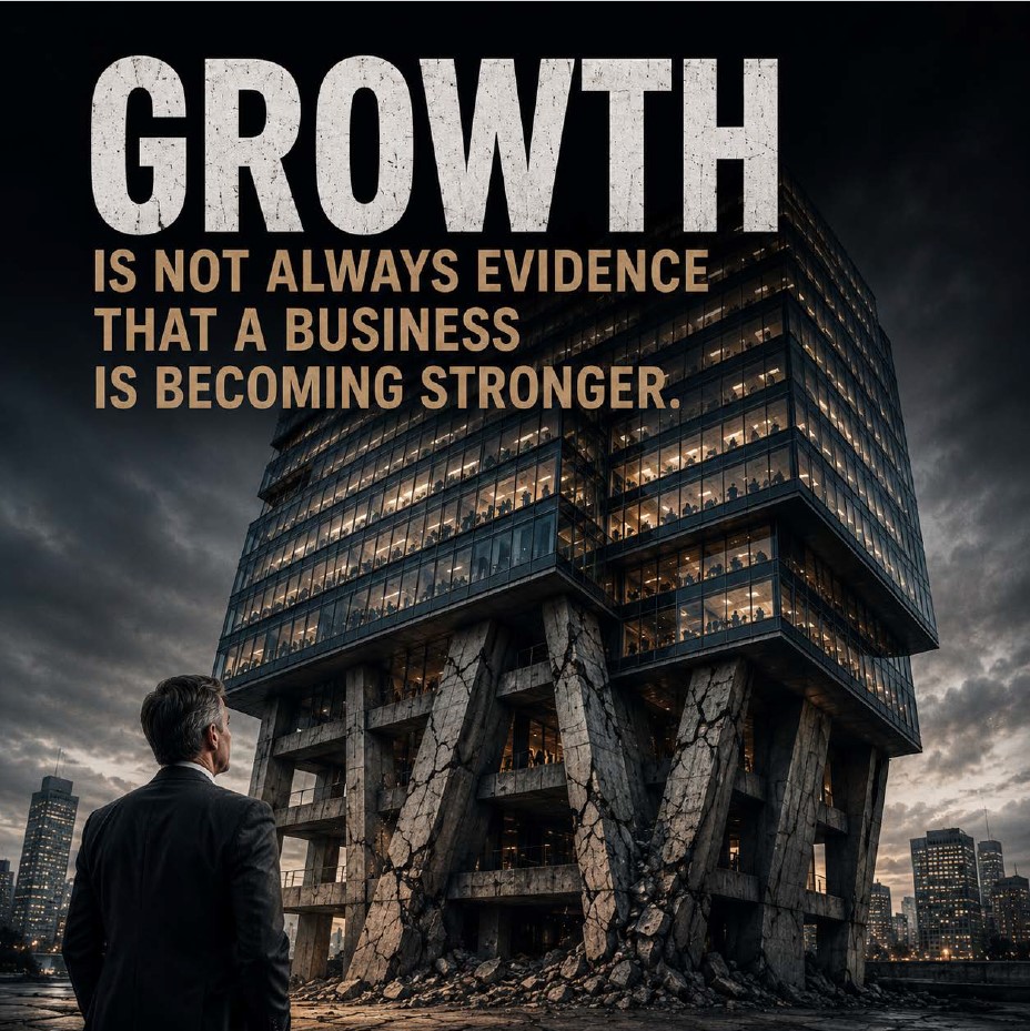 A growing office tower resting on cracked foundations.