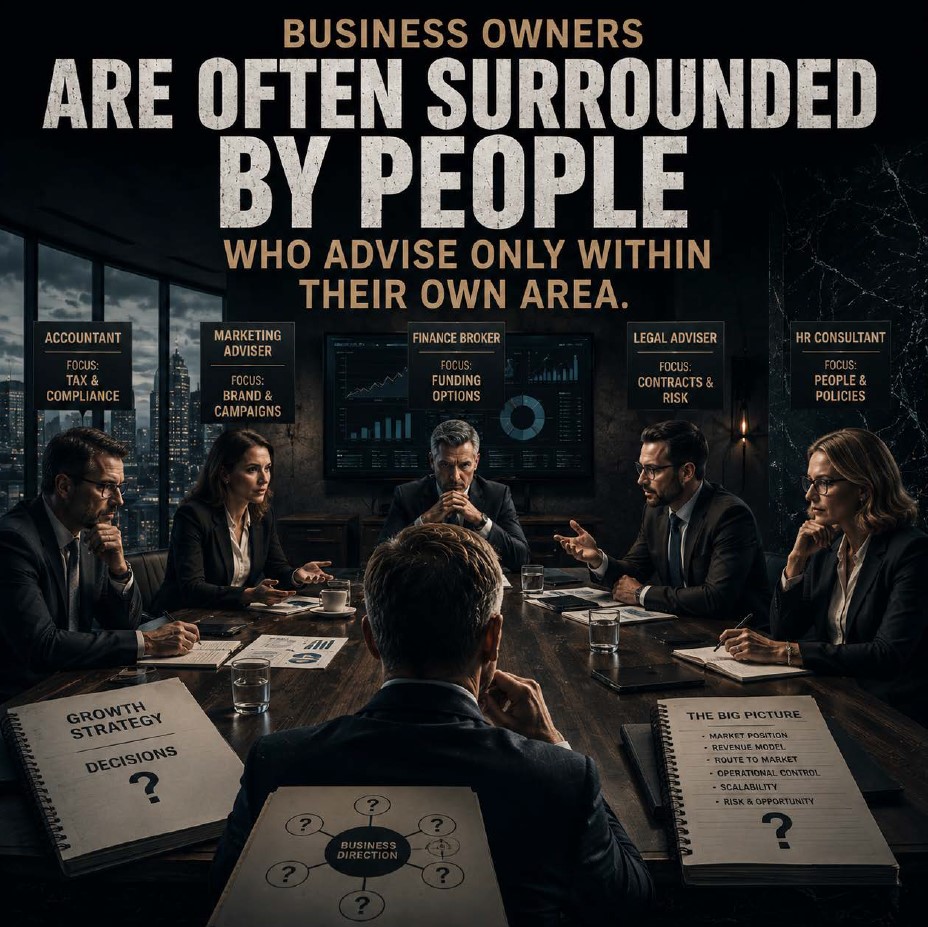 A business owner surrounded by advisers with separate specialist perspectives.