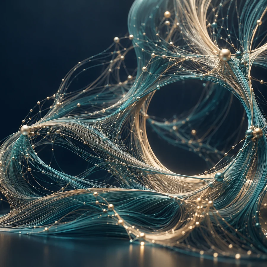 Interwoven gold and teal connections forming one structure.